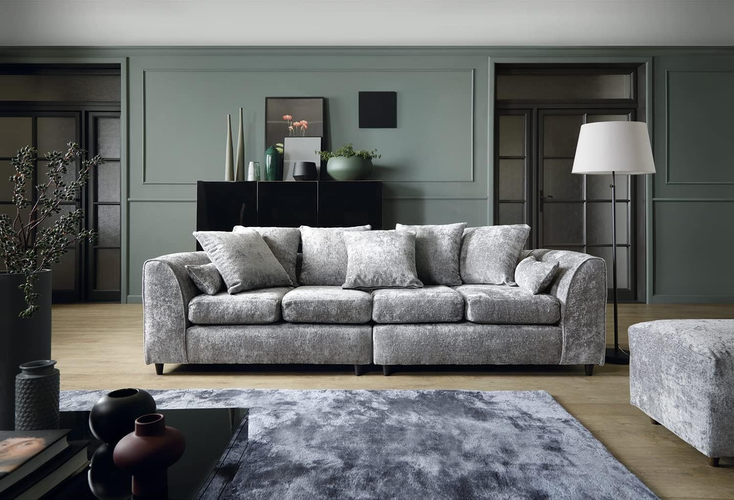 Spacious 4-Seater Sofa Silver Chenille Fabric Deep Cushions Durable Frame