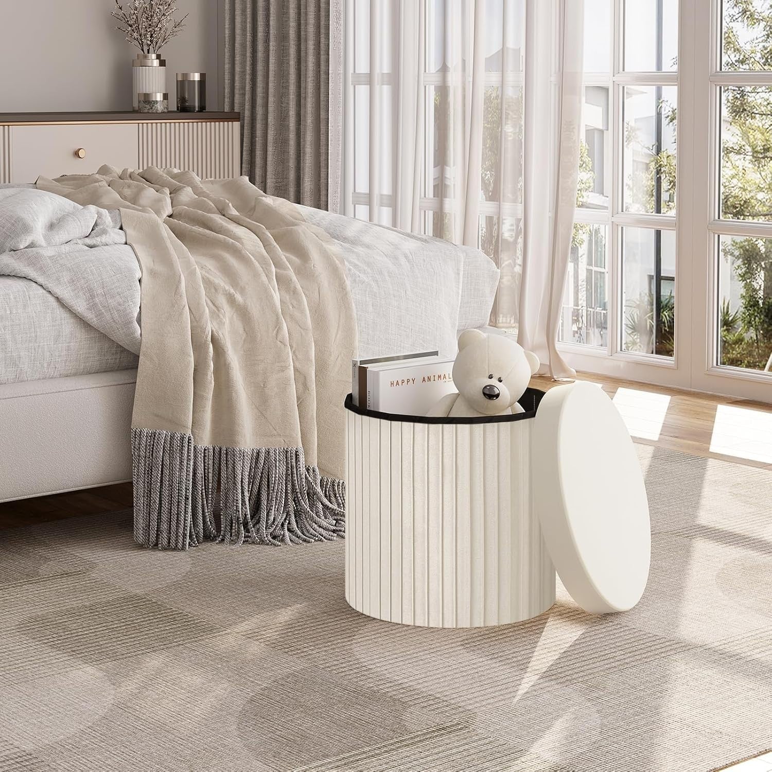 Cream Velvet Round Storage Stool Foldable Ottoman Seat Box with Lid 38cm