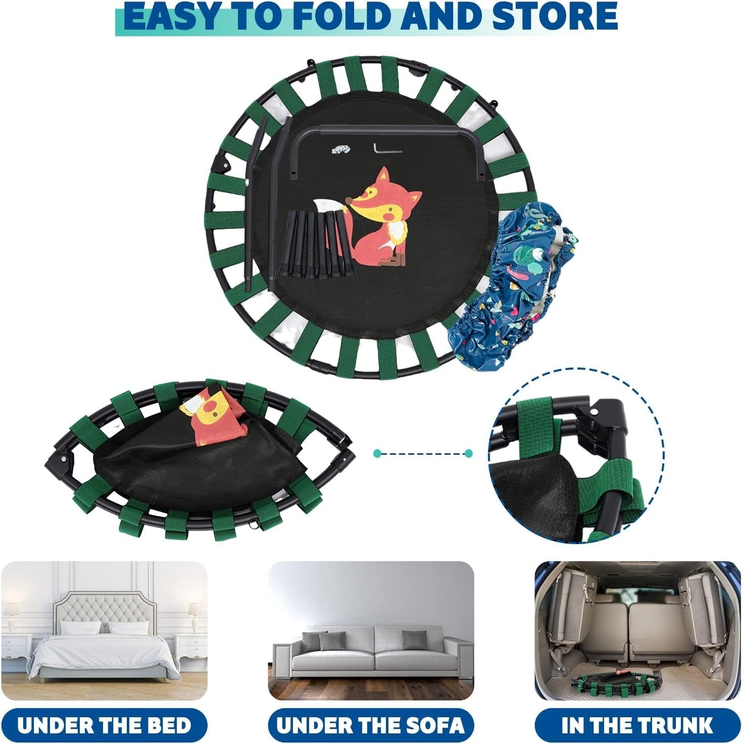 38'' Kids Mini Trampoline Foldable Quiet Rebounder Adjustable Handle Green
