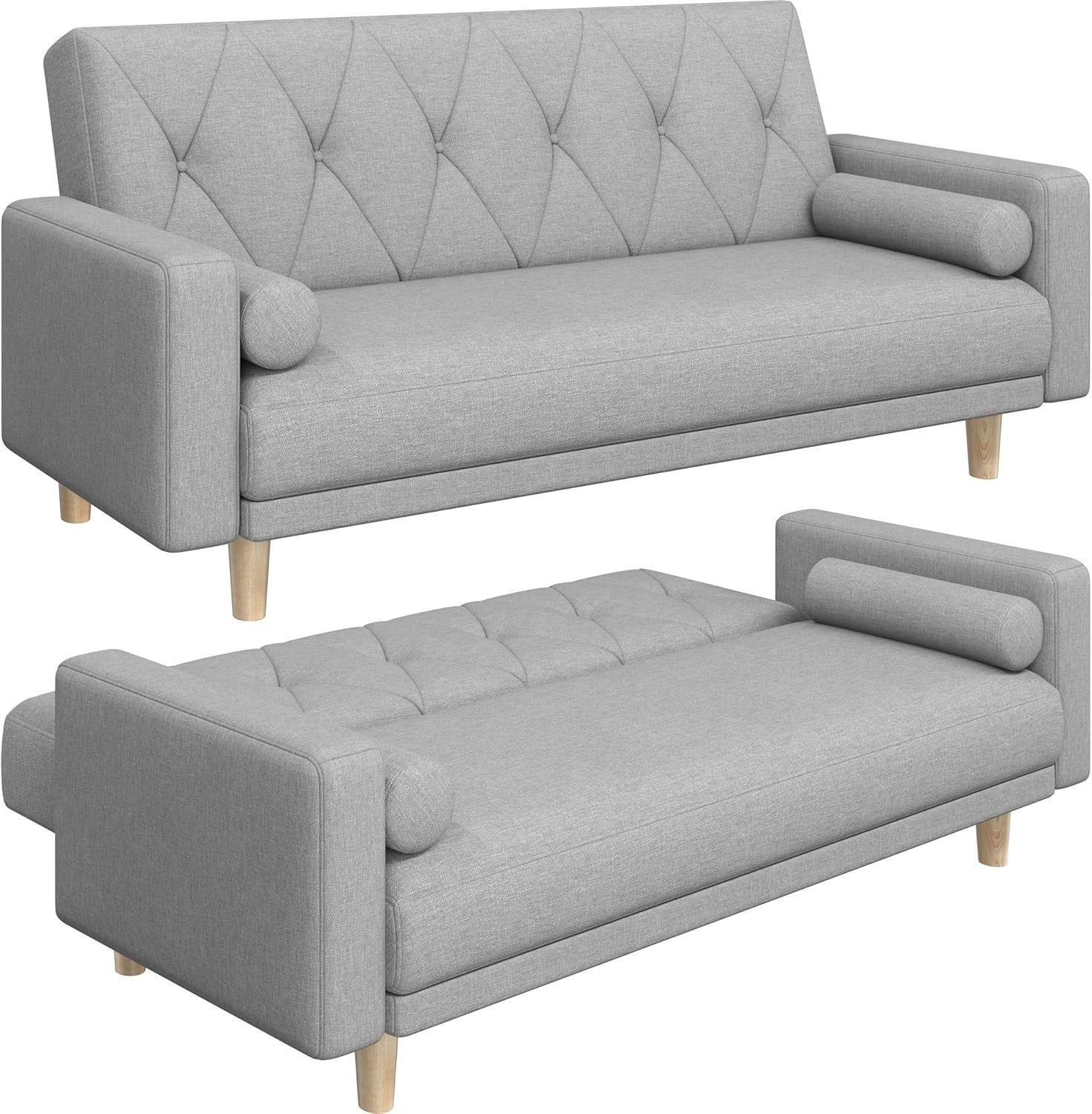 Light Grey 3 Seater Sofa Bed Click Clack Modern Couch with Pillows Small Space