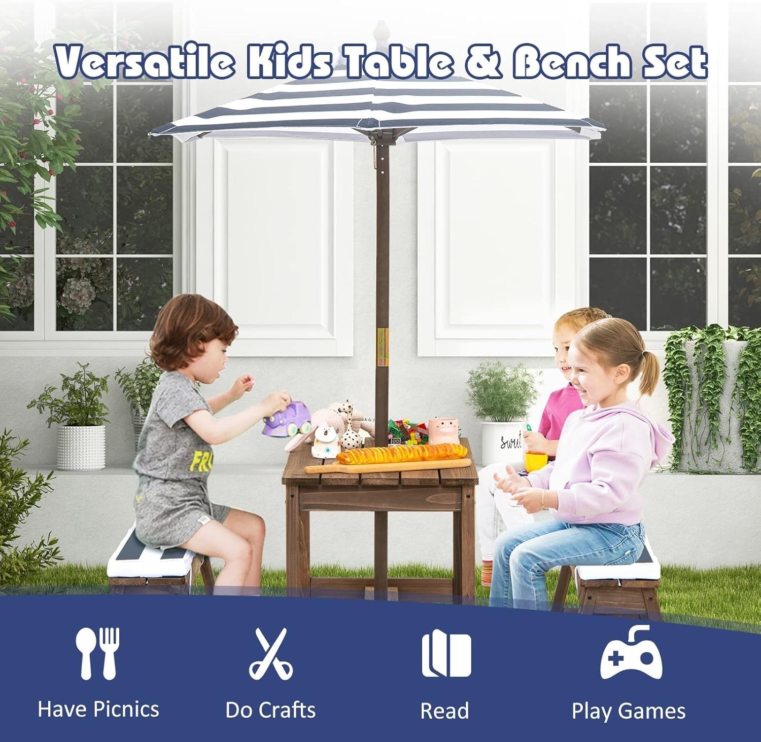 Kids Wooden Picnic Table Set with Cushions & Removable Umbrella, Blue
