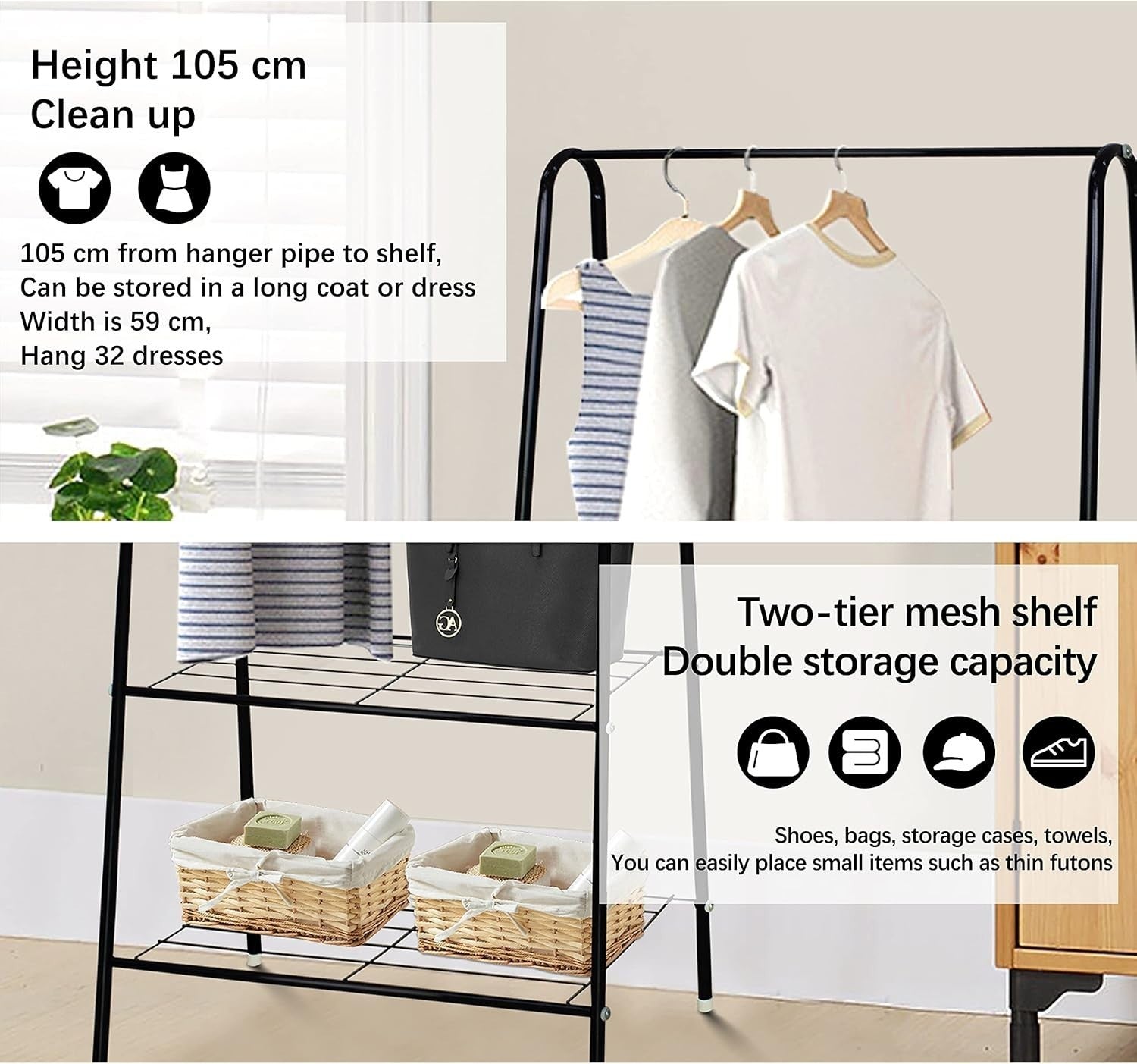 Black Clothes Rail Stand with Metal Shelf 1.5m Space Saver