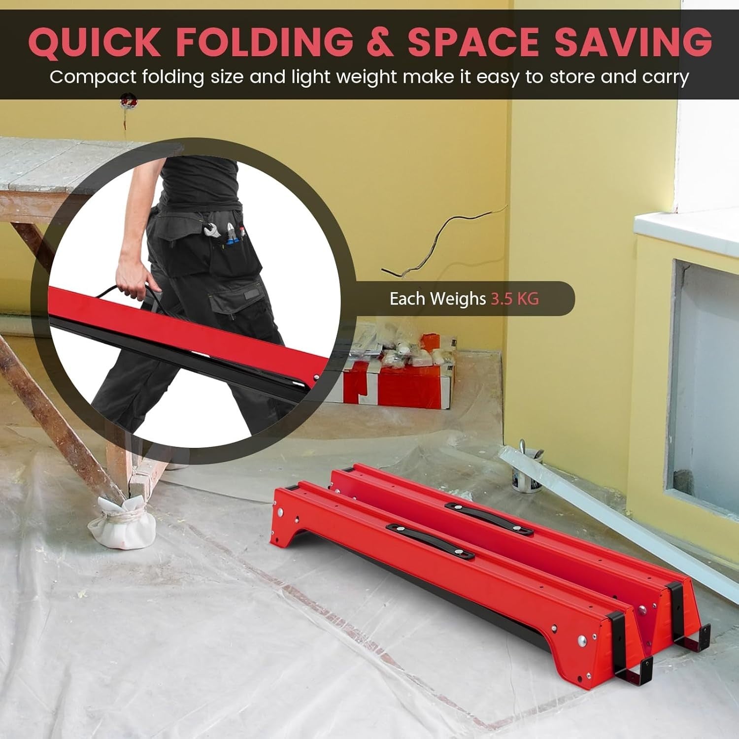 Folding Sawhorse Twin Pack Heavy Duty 454kg 2x4 Support Arms Red 92x48