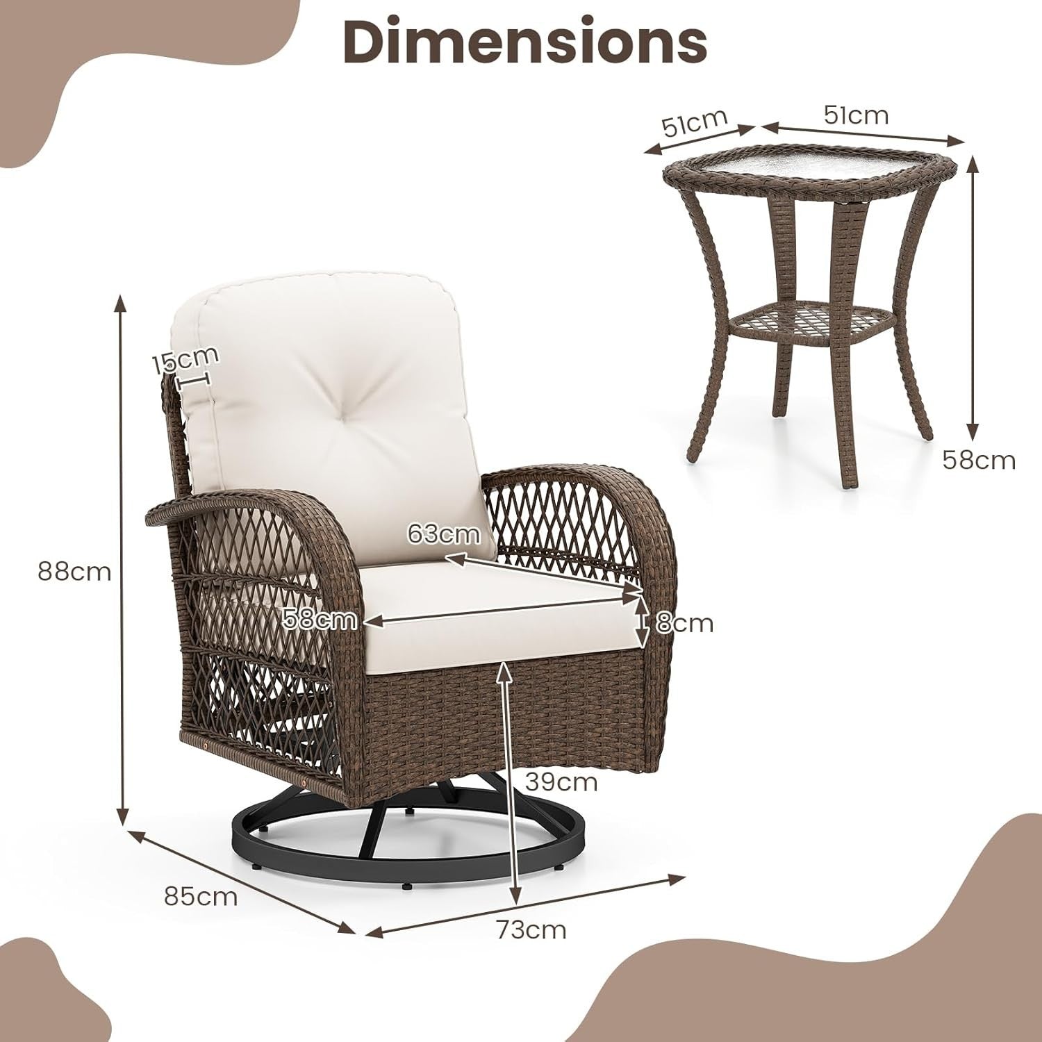 360° Swivel Rattan Bistro Chairs Set Plush Cushions Side Table Garden