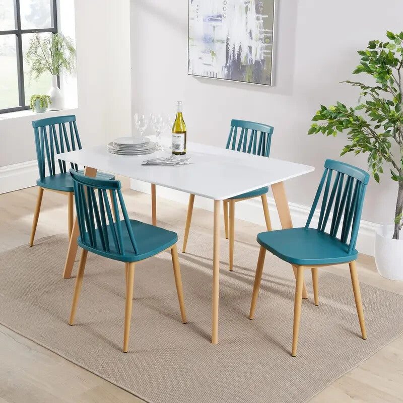 4 Seater Dining Table Set 120cm White MDF Top & Teal Chairs Wooden Legs