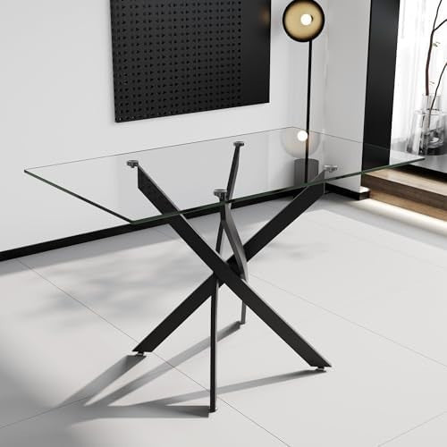 Rectangular Glass Dining Table 120x70cm 76cm Height Black Metal Legs