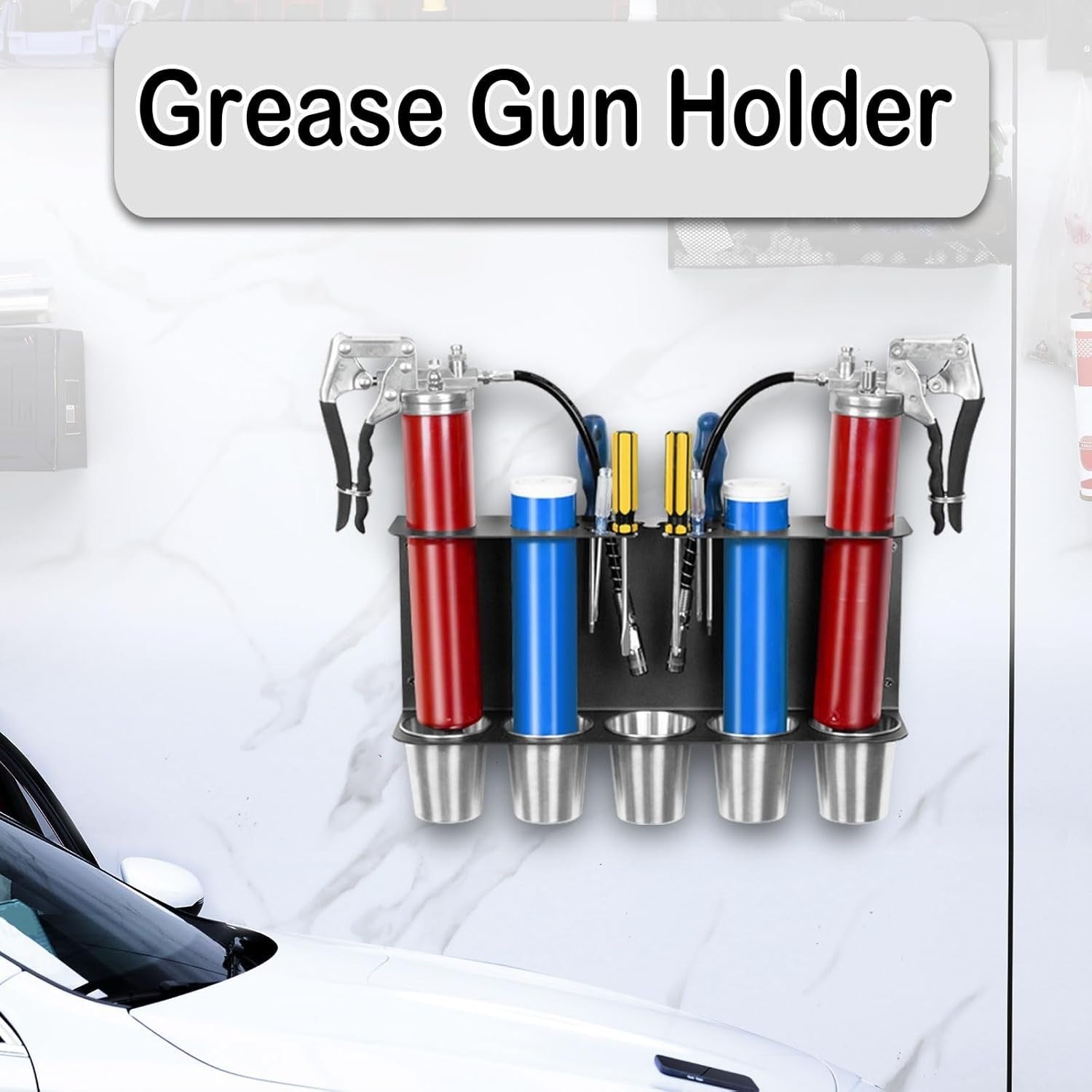 Wall-Mount Grease Gun Holder Rack Black 2 Guns 5 Drip Cups