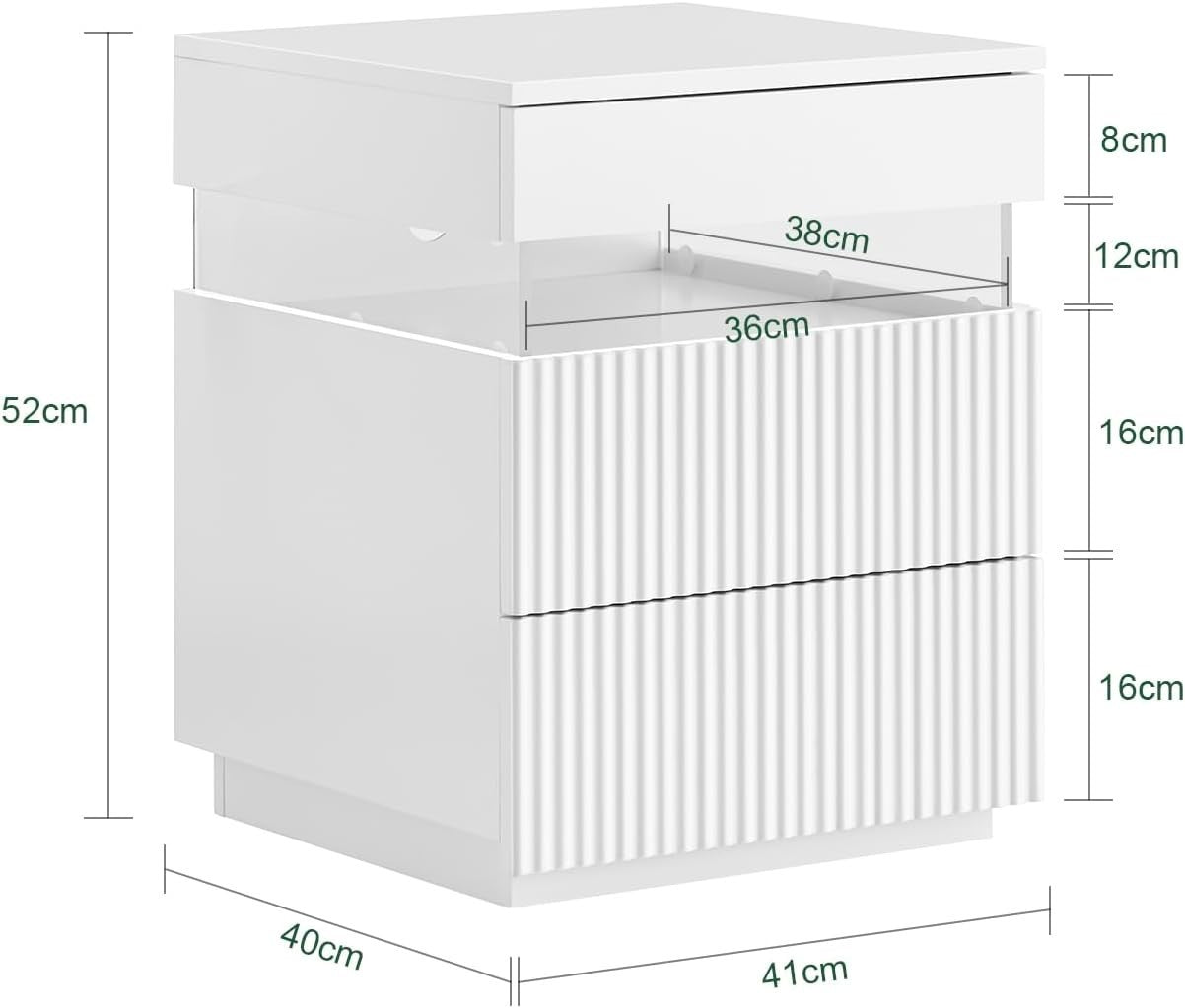 Modern White Bedside Table with LED Light & 3 Drawers – Ambient Nightstand