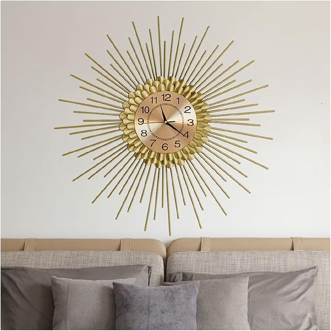 Luxury Gold Sunburst Wall Clock 60cm Modern Metal Silent Quartz Home Decor
