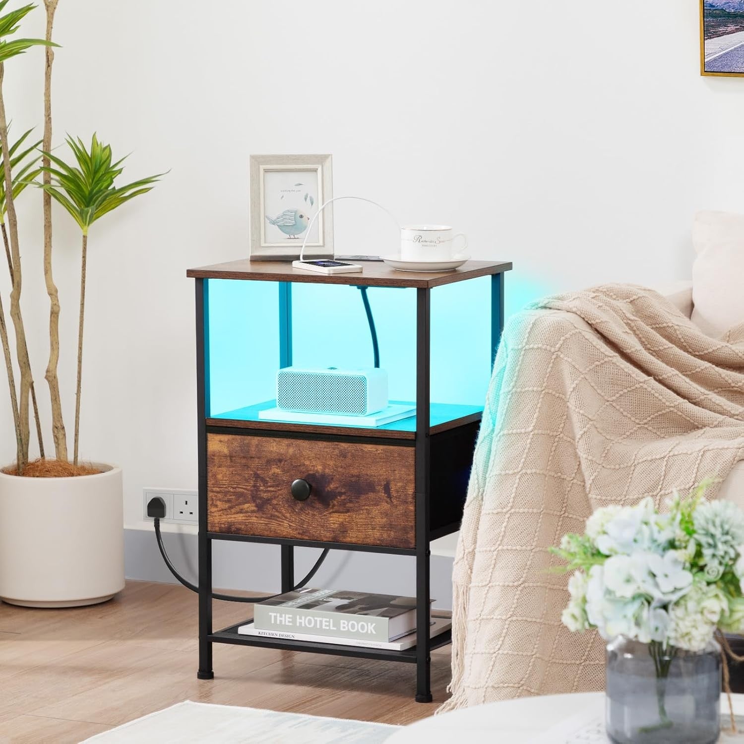Set of 2 Rustic LED Bedside Tables with Charging Station, Fabric Drawer & Storag