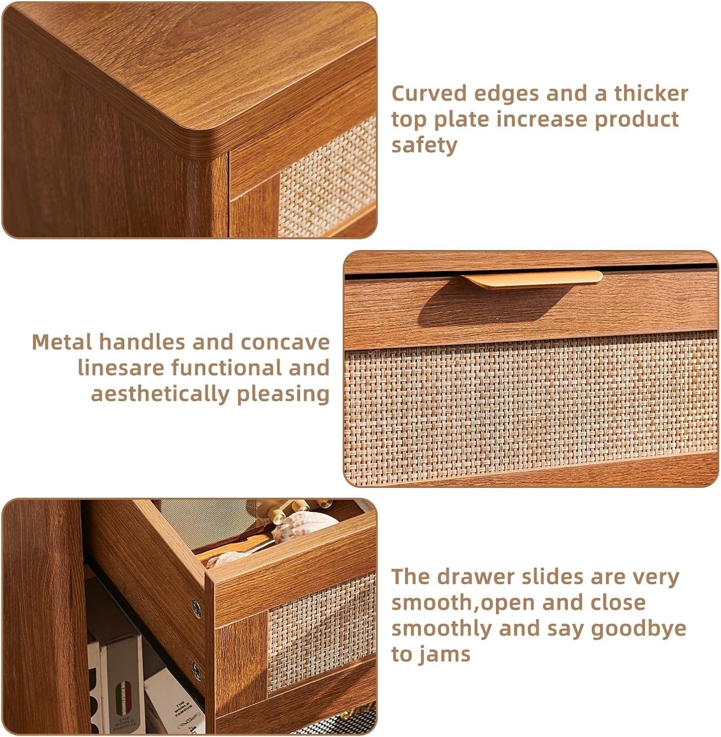 Wide Rattan Bedside Table Nightstand with Drawer Boho Wood
