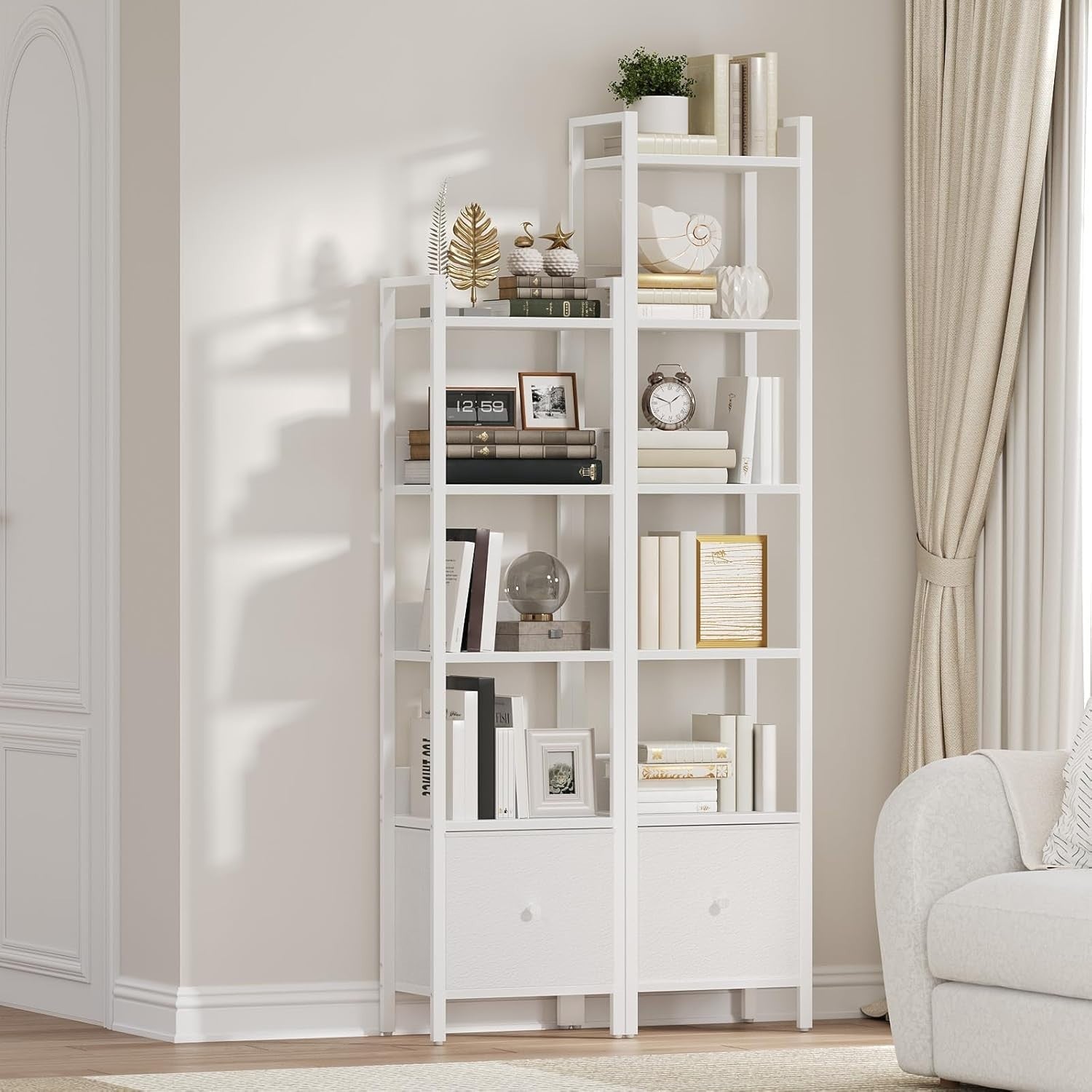 6 Tier Slim Bookshelf with Drawer Metal Frame Storage Rack for Small Spaces