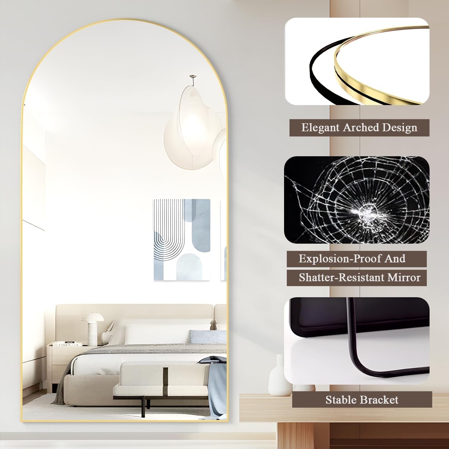 XL Gold Arched Full Length Mirror 180x80cm Wall Leaning Dressing Room Décor
