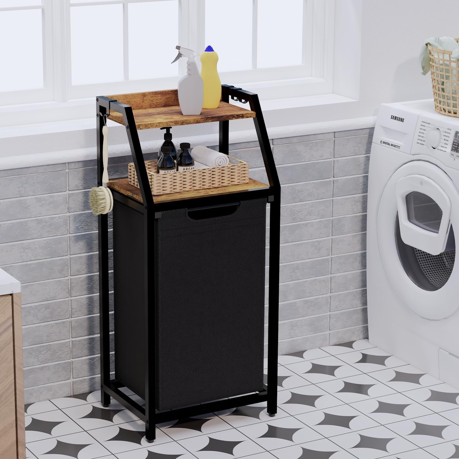 64L Laundry Sorter on Wheels with Shelves Rustic Wood Top Pull-Out Clothes