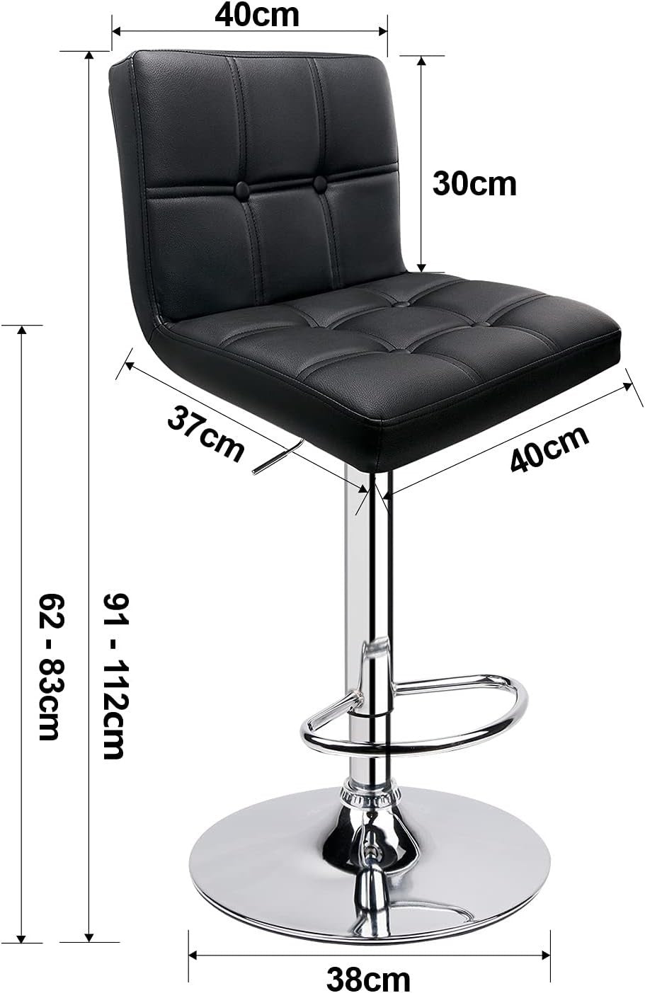 Adjustable Black PU Leather Bar Stools Set of 2 | Swivel Counter Chairs