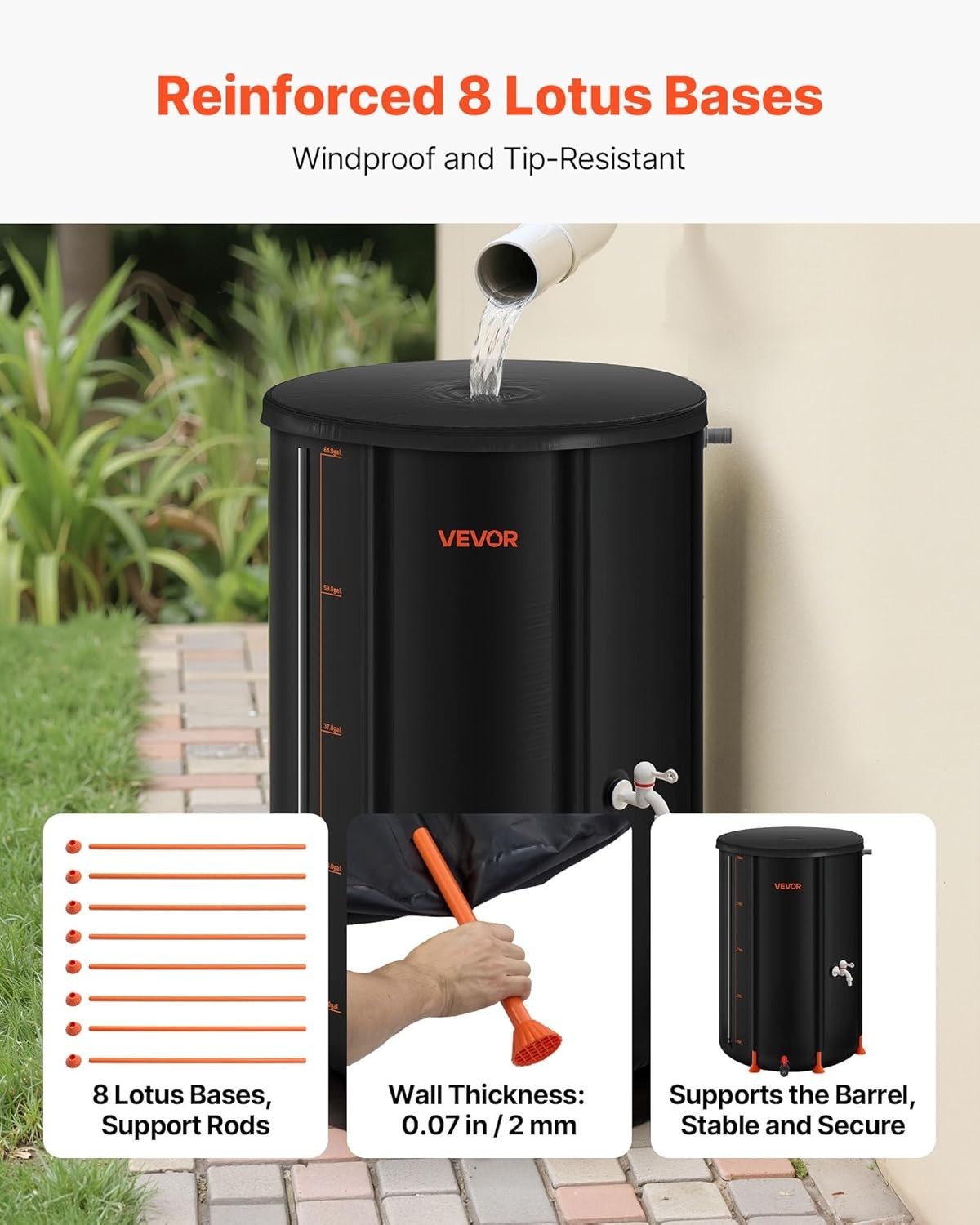 250L Collapsible Rain Barrel with Spigot Overflow Kit, Portable Water Collector