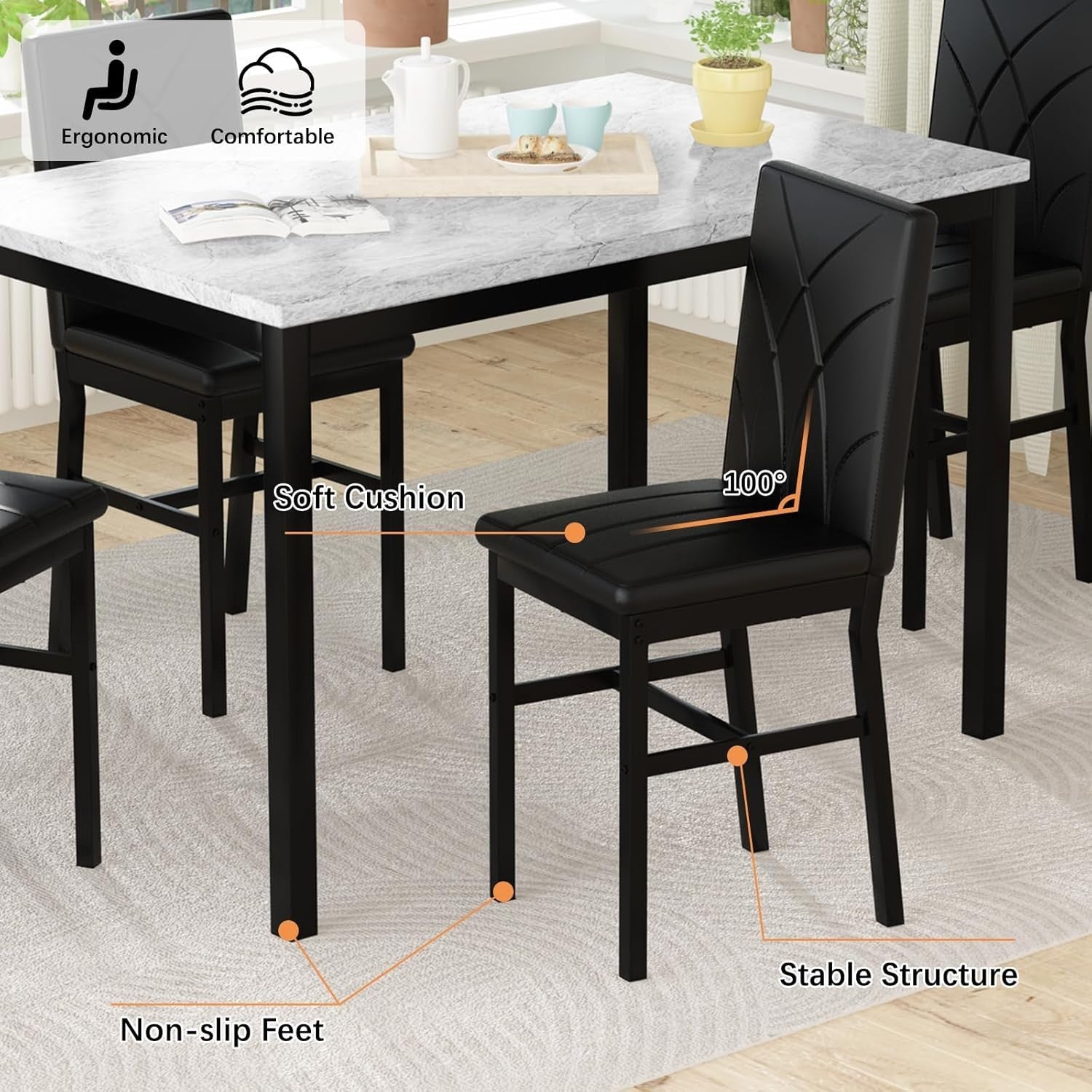 4 Seater Dining Table Set Faux Marble Black PU Chairs Space Saving Modern