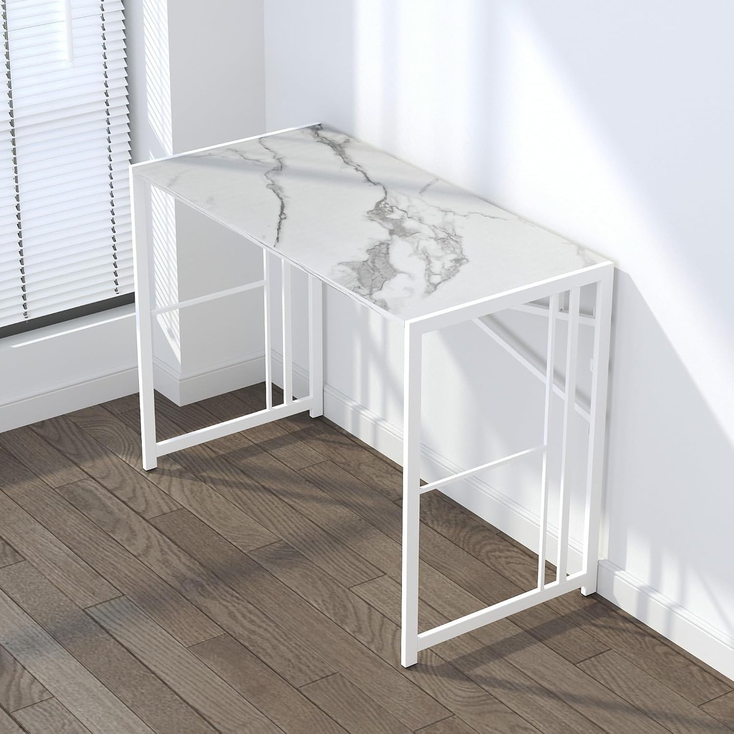 Folding Desk 103cm White Marble No Assembly Home Office Computer Table