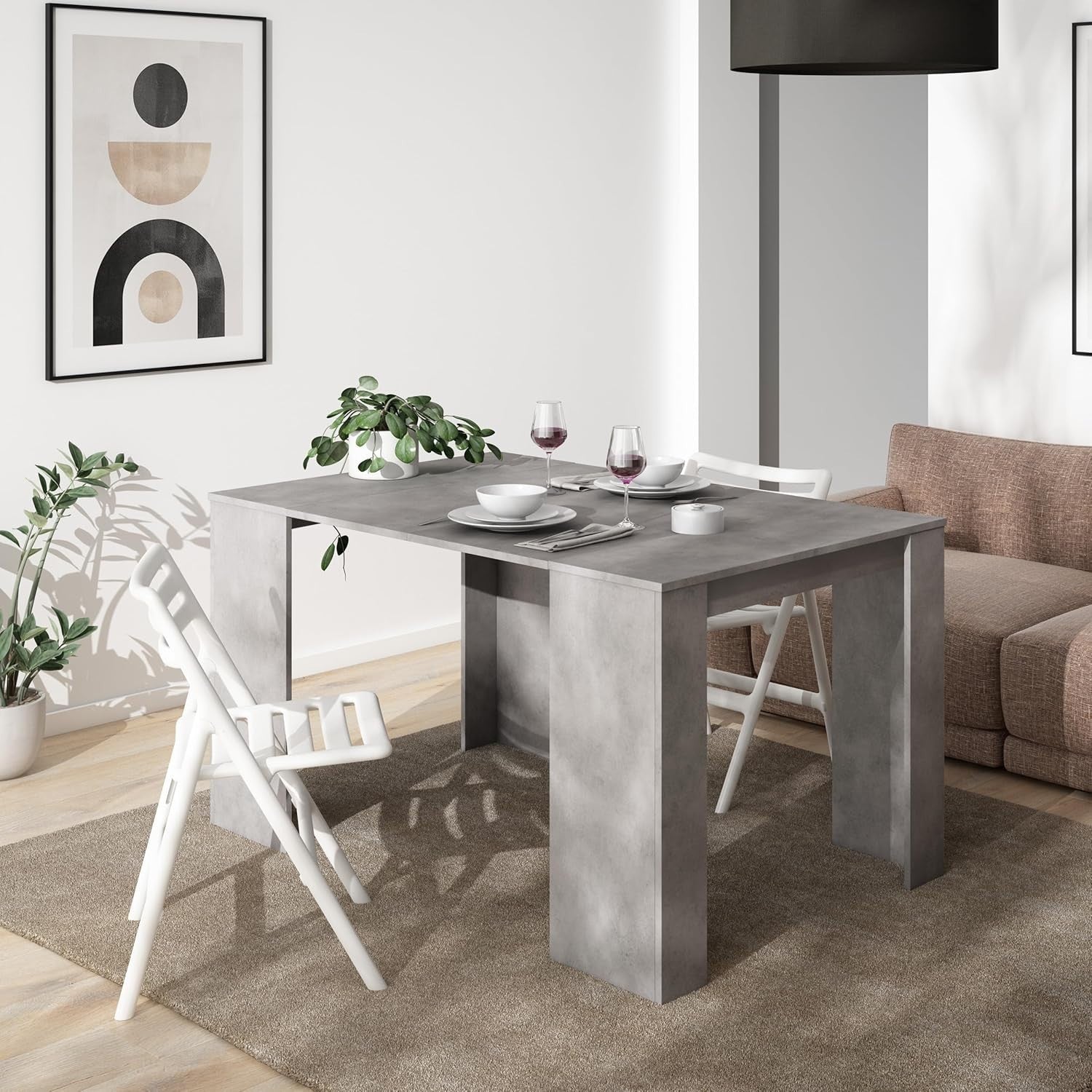 Extendable Folding Dining Table Console for 6 in Modern Concrete Grey