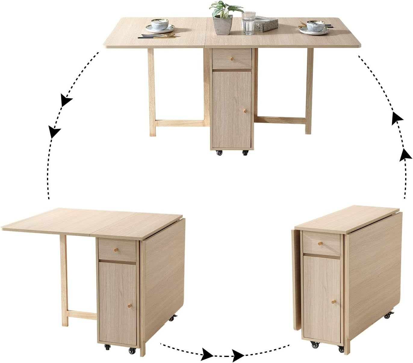 Extendable Folding Dining Table with Drawers & Wheels for Small Spaces