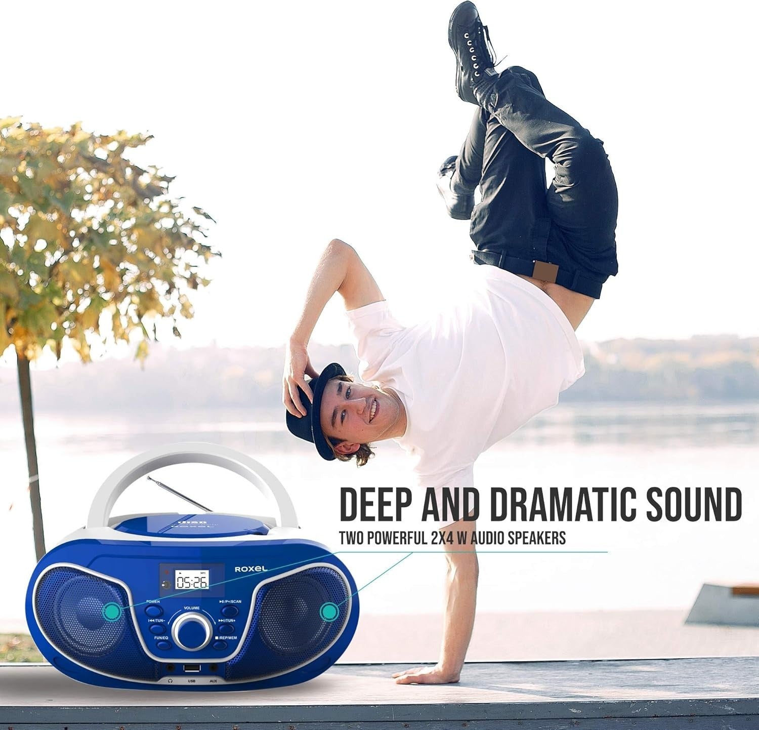 Blue Portable Boombox CD Player Bluetooth FM Radio USB AUX Remote