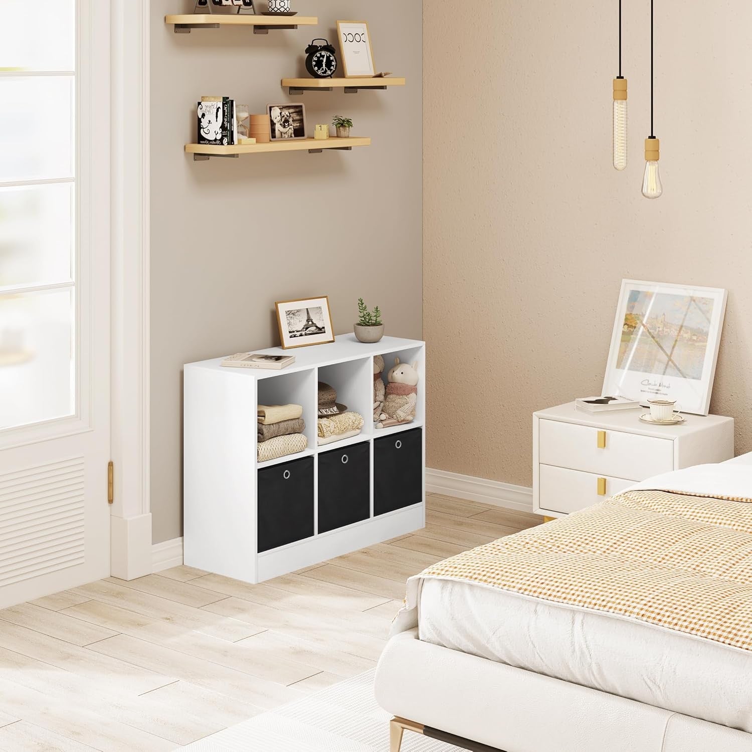 Modern 6-Cube Storage Bookcase with Fabric Drawers | Wide Display Shelf Unit