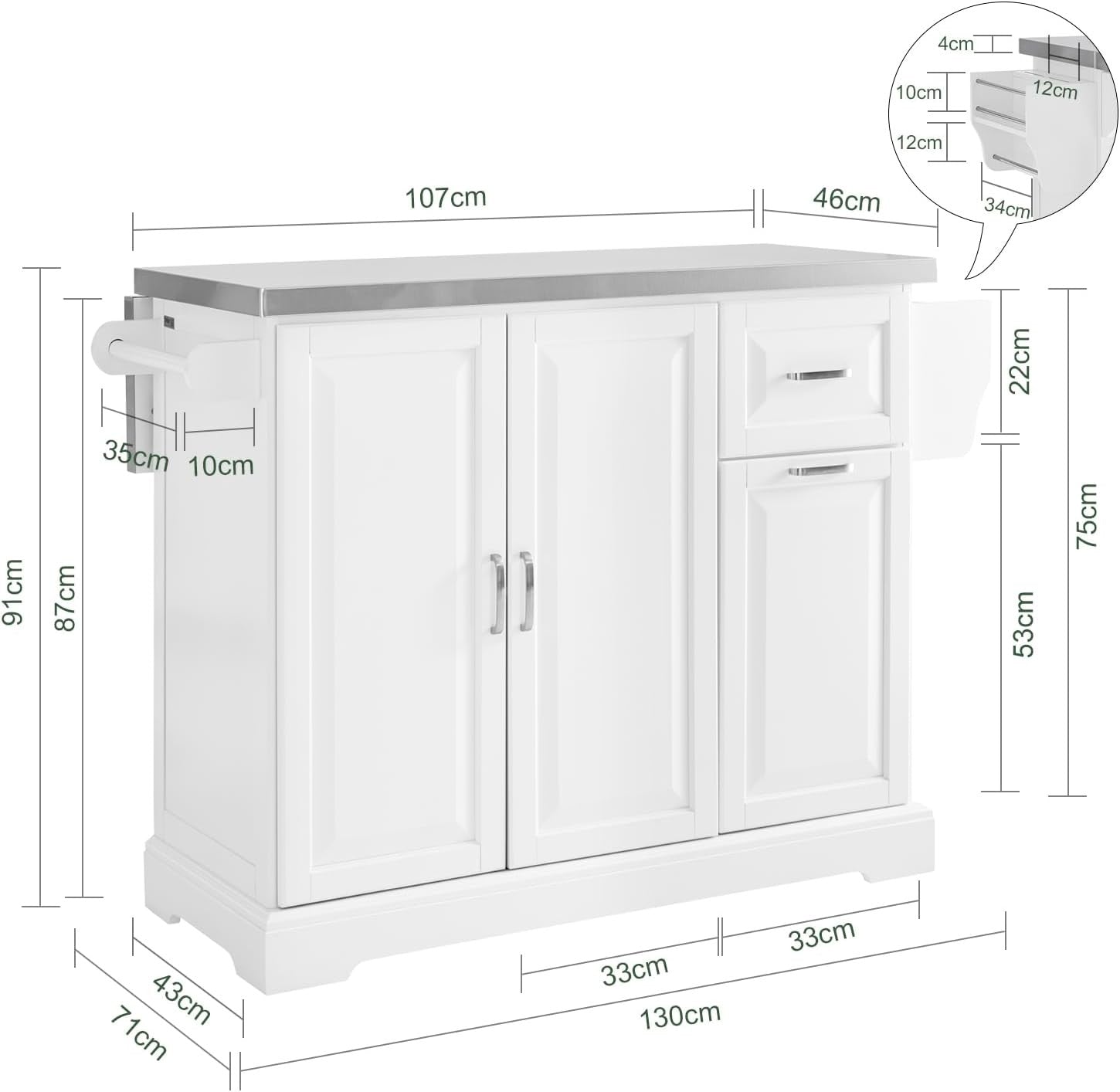 Kitchen Island Cart on Wheels Extendable Worktop Storage Cabinet