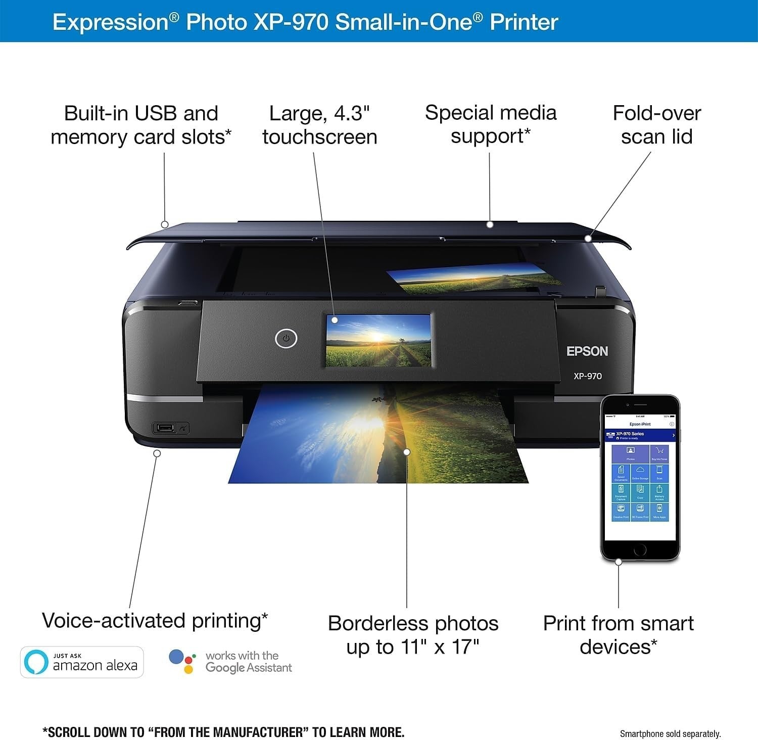 XP-970 Black Wireless Photo Printer Scan Copy 6-Color A3+ Prints