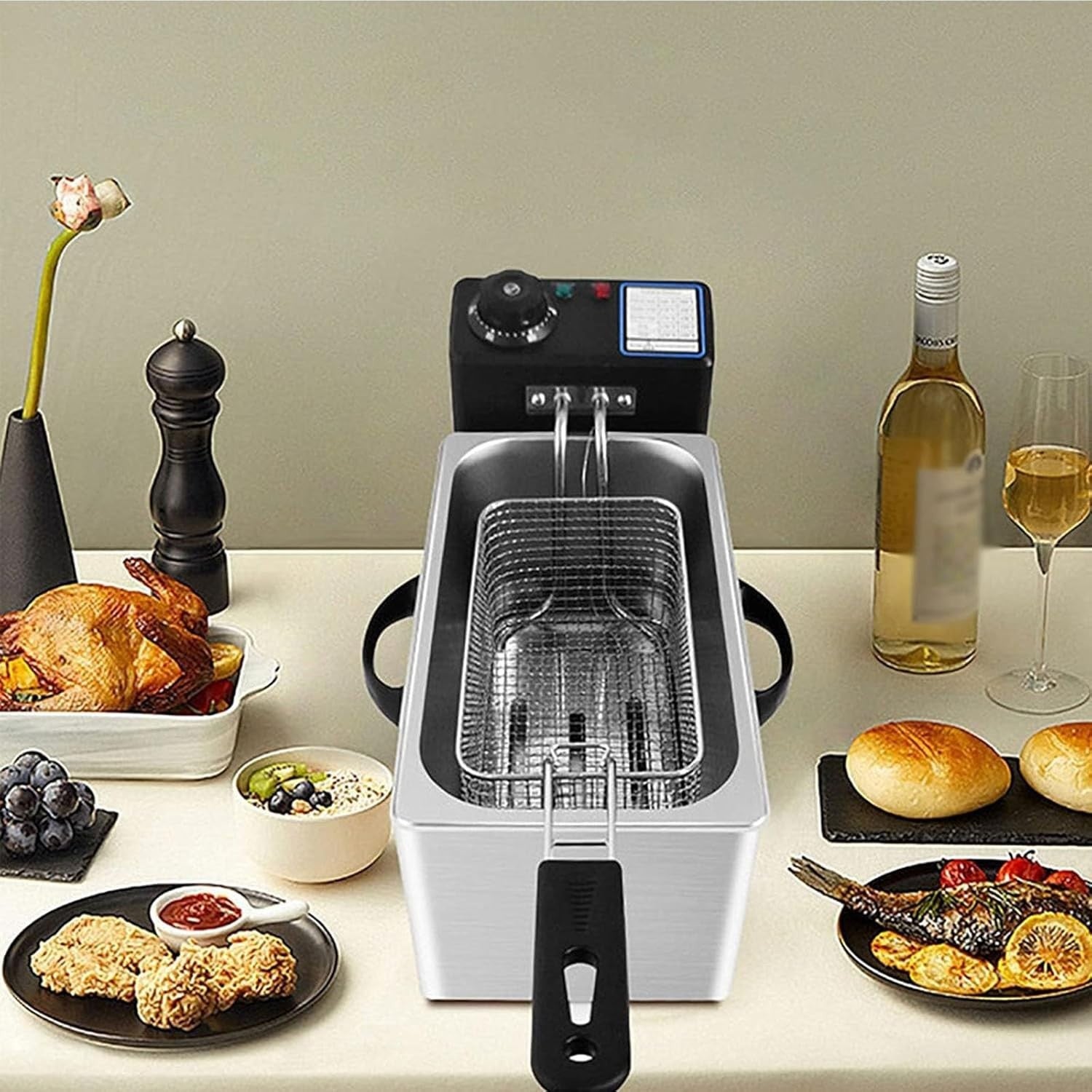 Electric Deep Fat Fryer 4L Stainless Steel Adjustable Temp Basket Lid Countertop