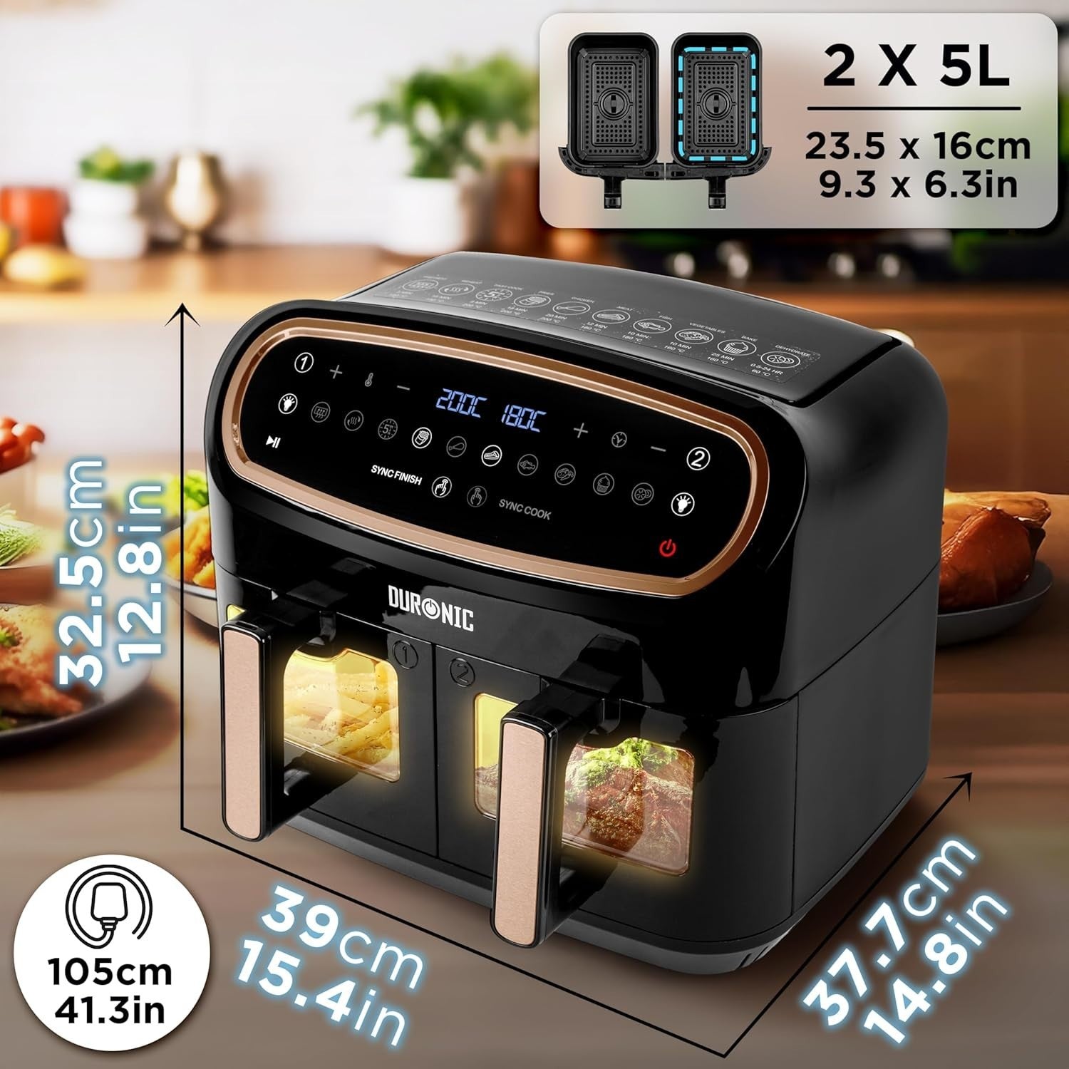 Dual Zone Digital Air Fryer 10L XL Twin Drawer | Viewing Windows 10-in-1 Presets