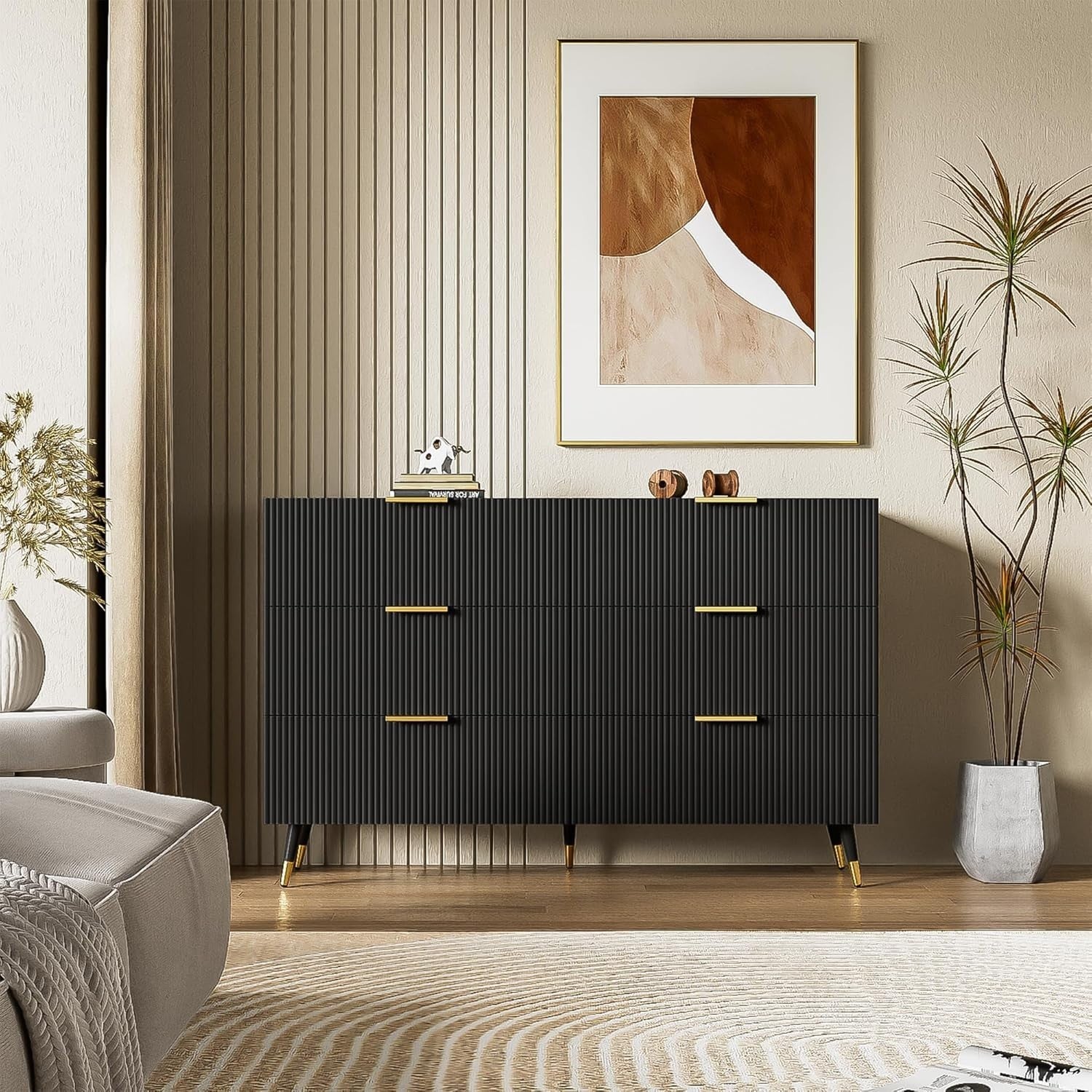 Black Sideboard Cabinet 6 Drawers Storage Unit Gold Handles 120cm