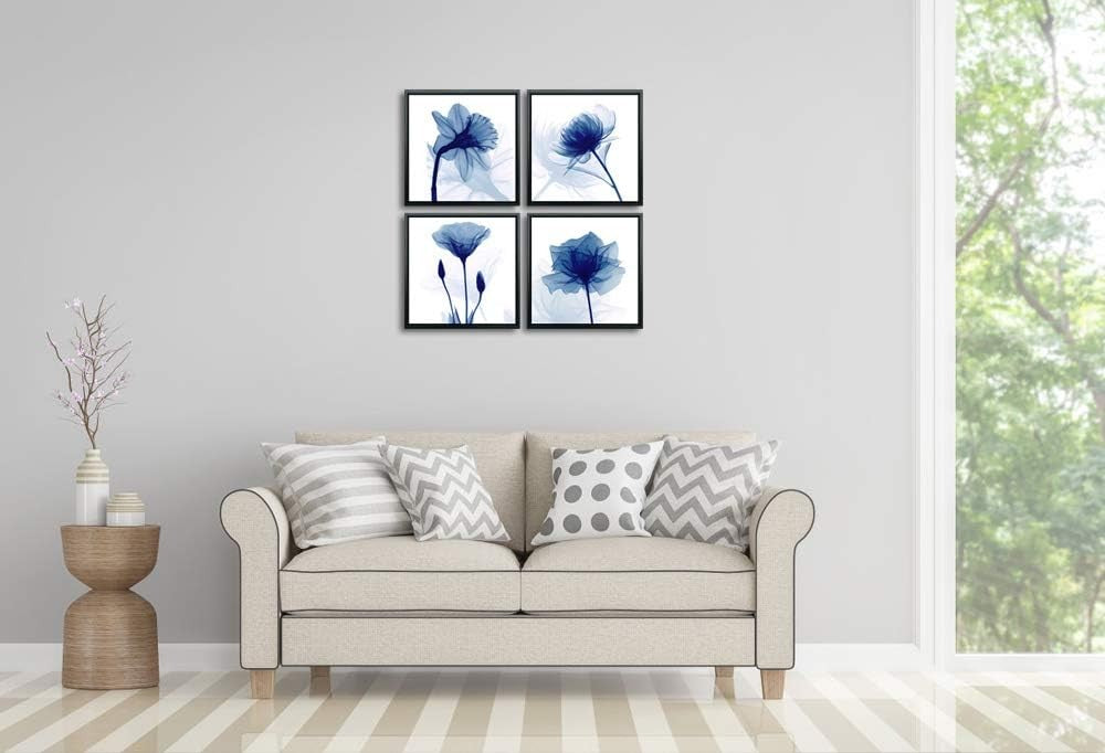 Blue Flower Canvas Wall Art 4 Panel Framed Modern