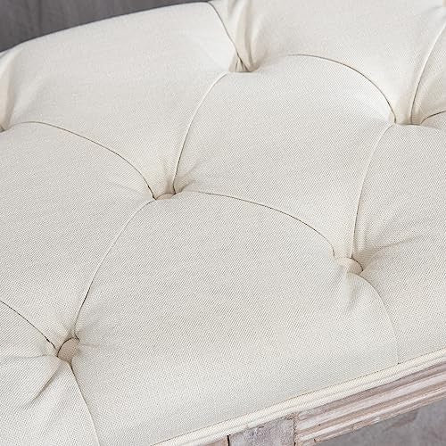 Cream White Upholstered Bed End Bench with Shelf, Tufted Seat Storage
