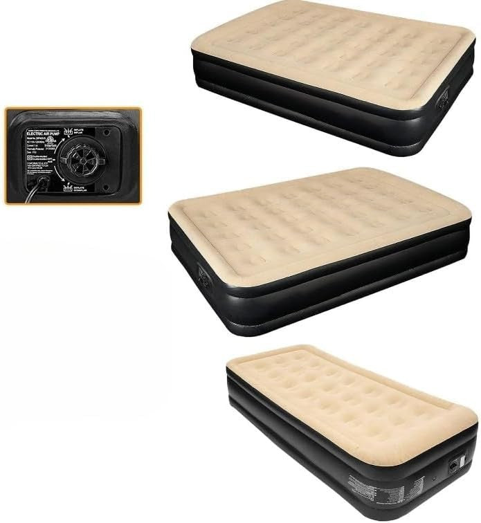 Double Inflatable Beig Air Bed Built-In Electric Pump High Raised Guest Mattress