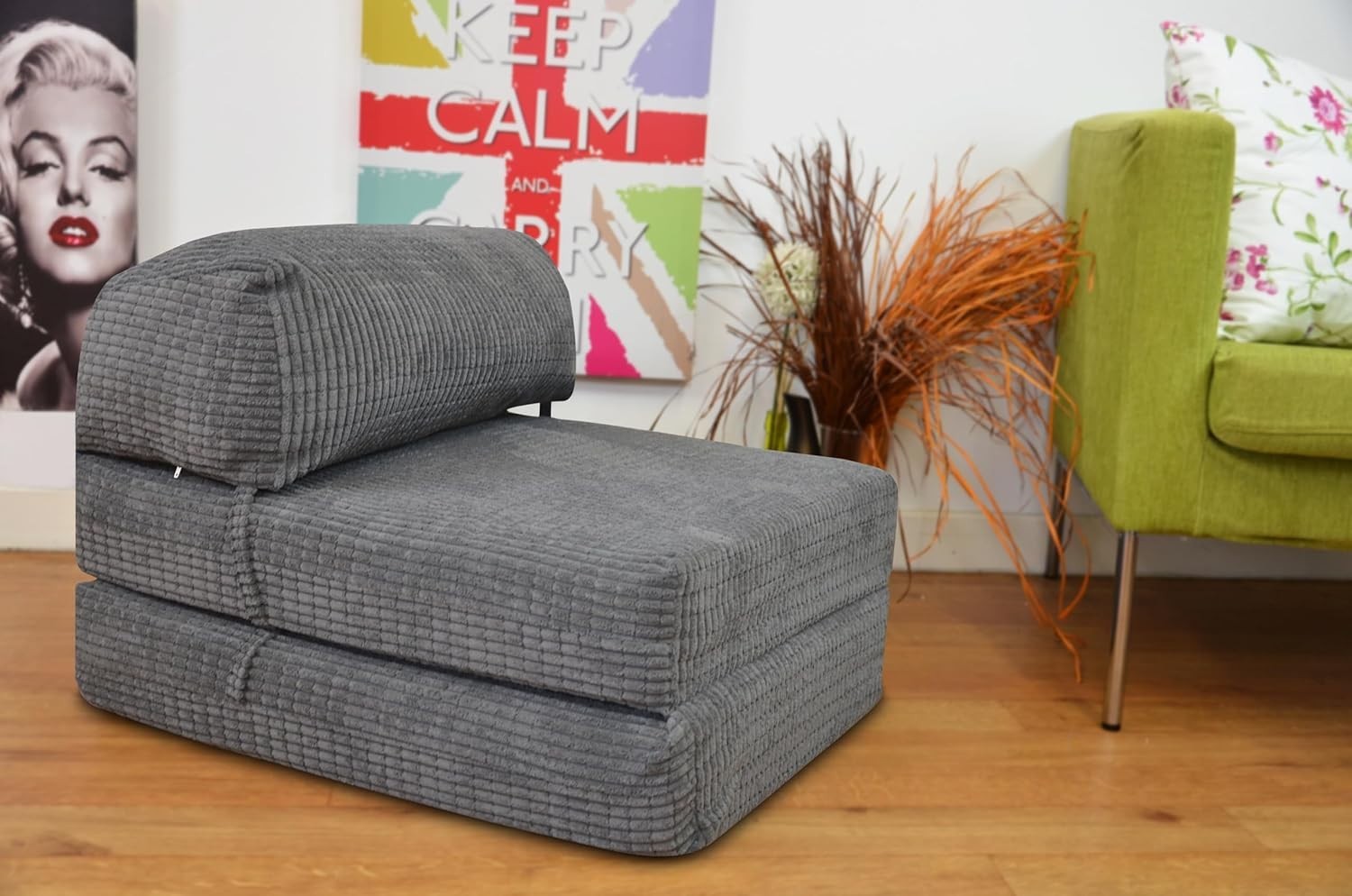 Fold Out Futon Chair Bed Single Sofa Corduroy Grey Portable Small Space