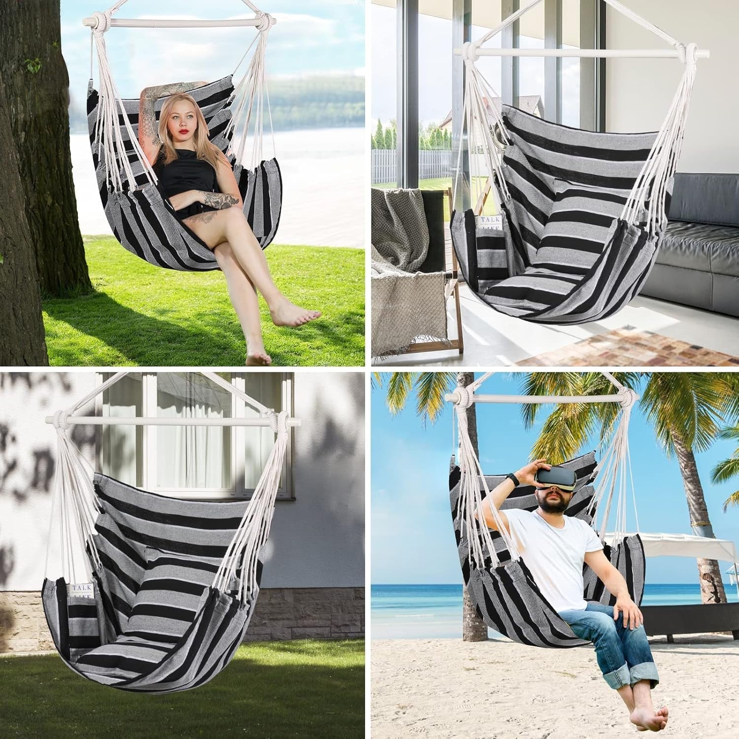 Hammock Chair Swing w/ Cushions & Bar | Indoor Outdoor 330lbs Max Support