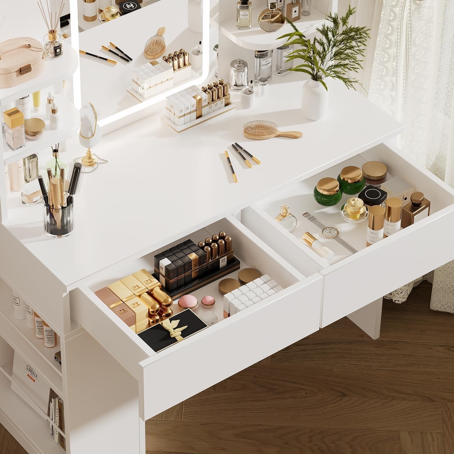 Modern Vanity Dressing Table Set White LED Mirror Stool Storage Drawers Shelves