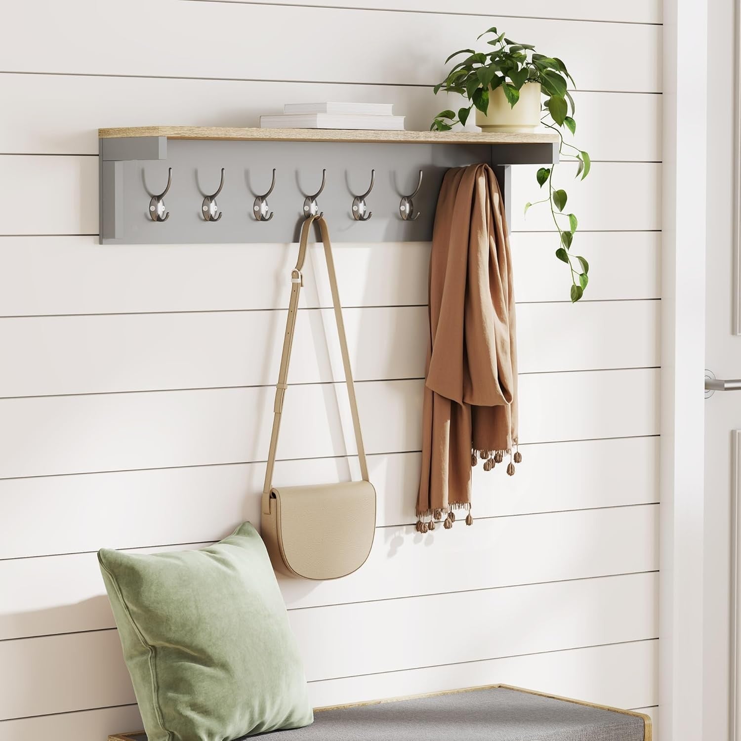 Wall Mounted Coat Rack with Shelf | 7 Double Hooks Grey Wooden Hall Organiser