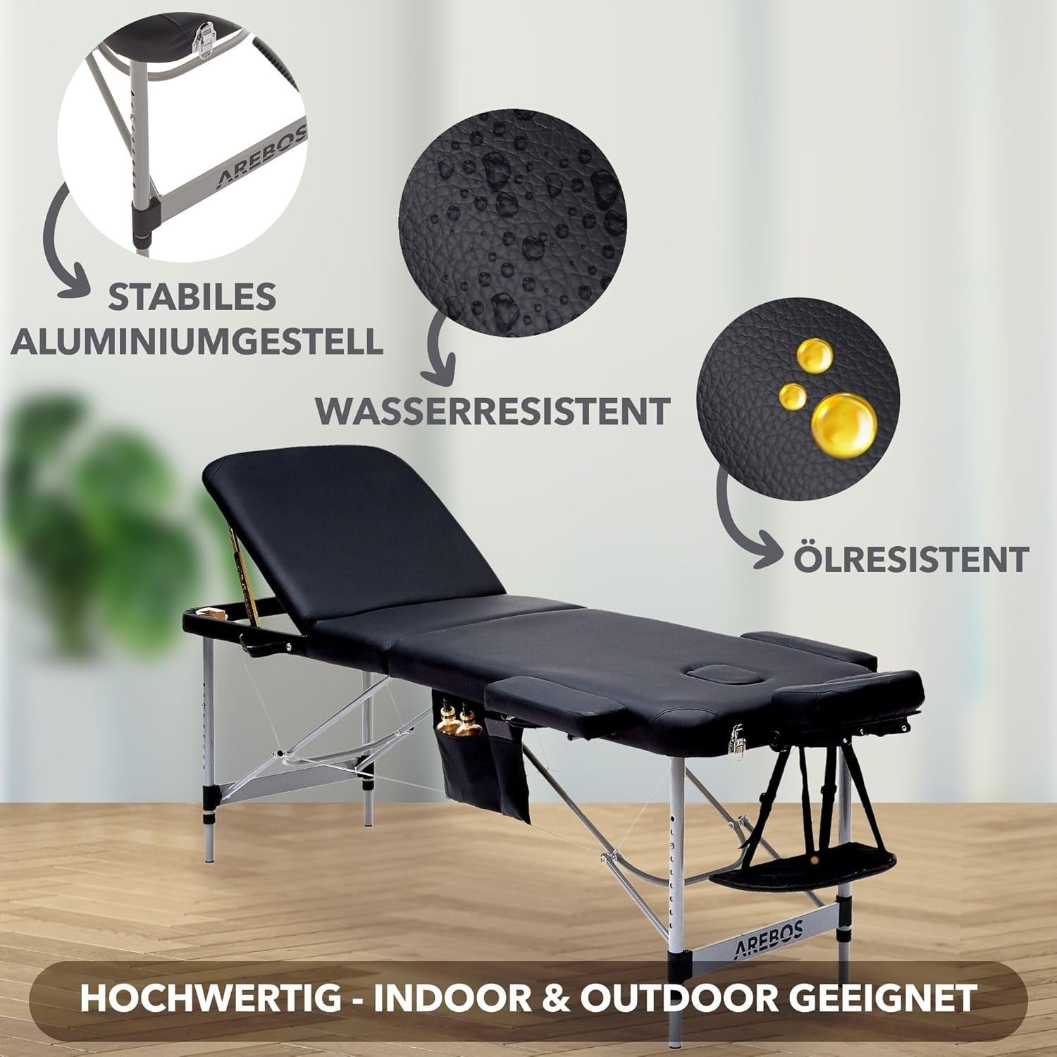 Arebos Portable Foldable Massage Table 3-Zone Height Adjustable Bed Black 60cm