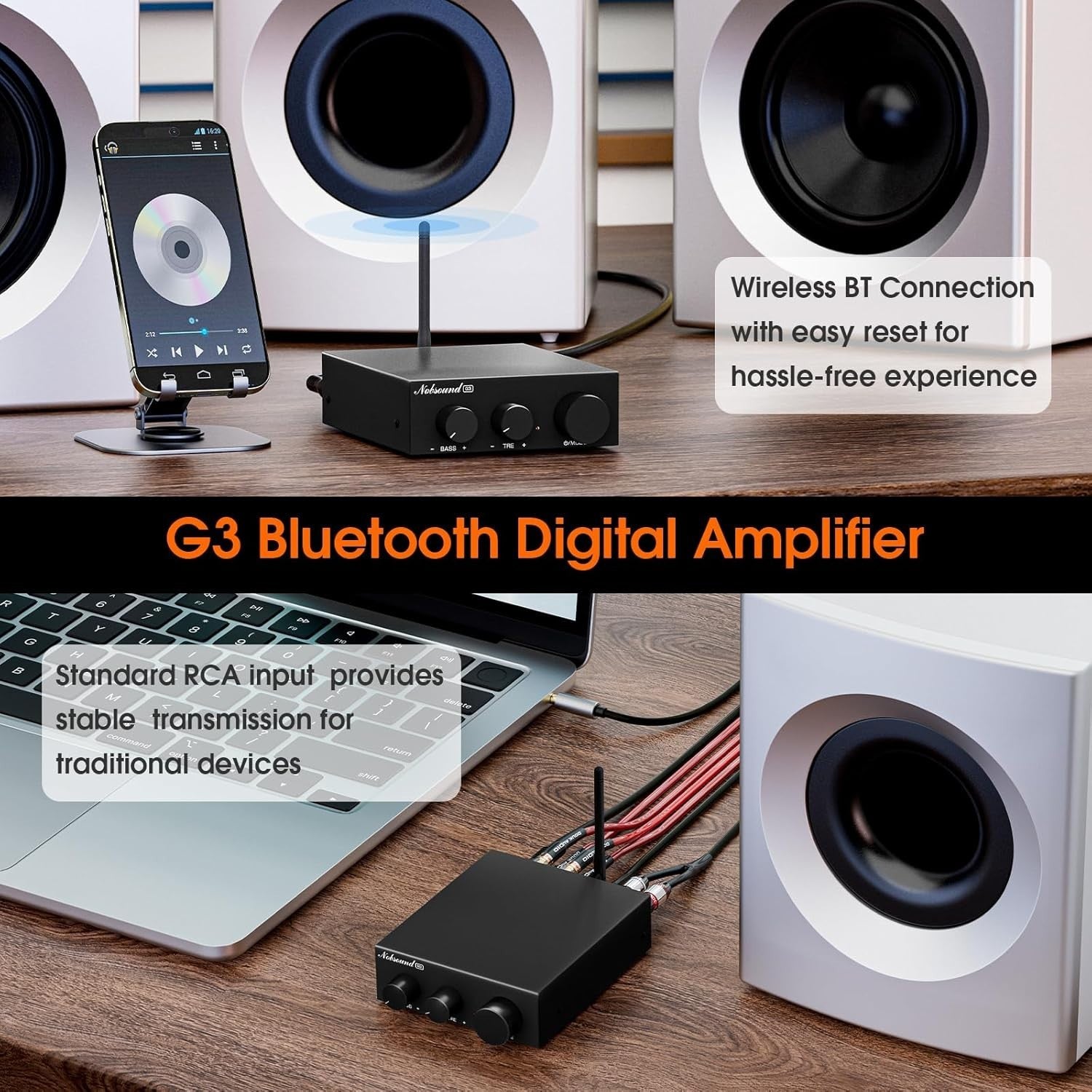 55W x2 Bluetooth Mini Stereo Amplifier Bass Treble Control Home
