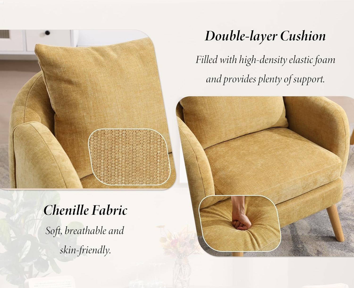 Chenille Tub Chair Yellow Lounge Armchair Wood Legs