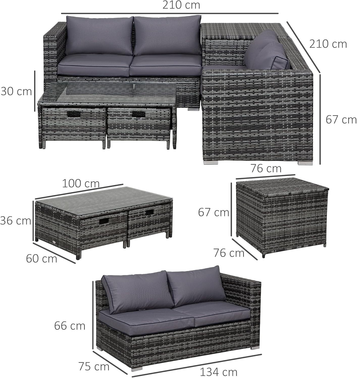 4PC Rattan Garden Sofa Set with Storage Drawers Cushions Glass Table Grey