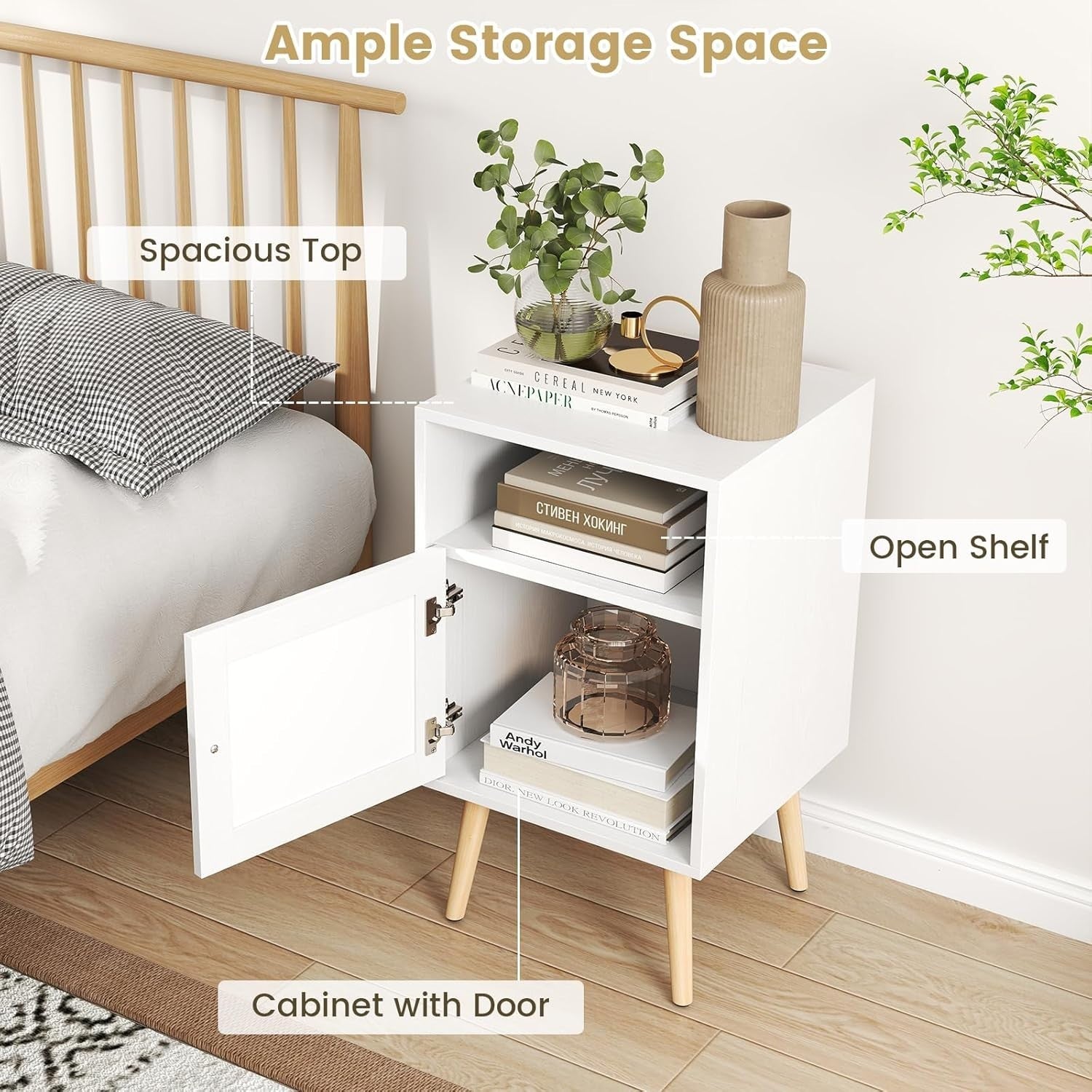 Set of 2 White & Natural Bedside Tables with Rattan Door | Modern Nightstands