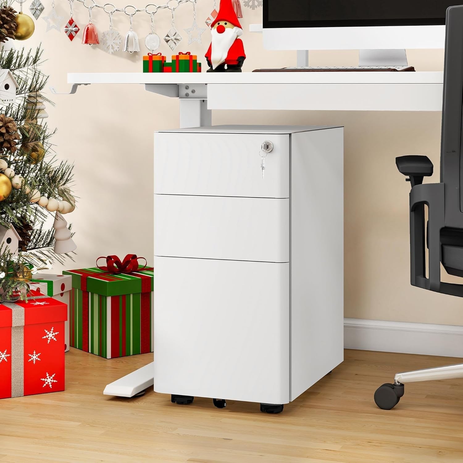 White Lockable Metal Filing Cabinet 3 Drawer A4 Under Desk