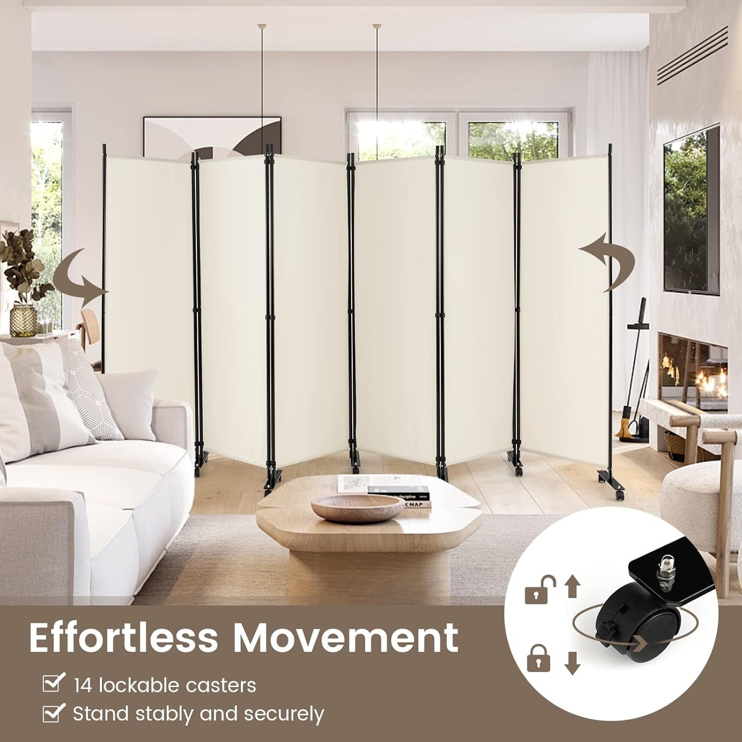6 Panel White Folding Room Divider Privacy Screen Metal Frame 335x172cm