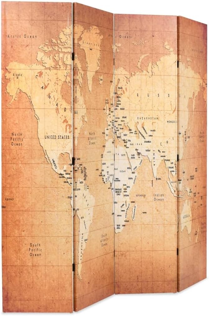 World Map Folding Room Divider 160x170cm Wood Frame Privacy Screen
