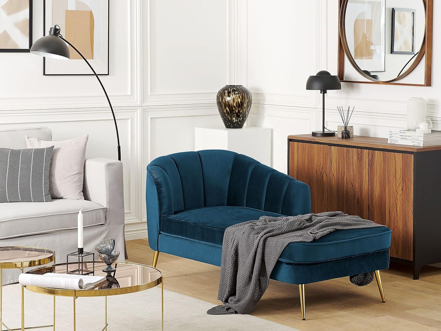 Navy Blue Velvet Left Hand Chaise Lounge Gold Metal Legs Retro Glam