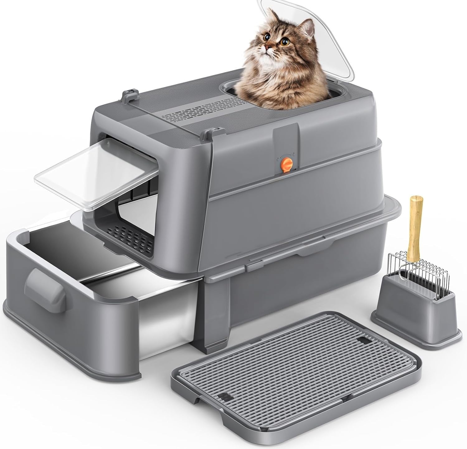 XL Stainless Steel Cat Litter Box Drawer Tray Dual Entry Odor Control