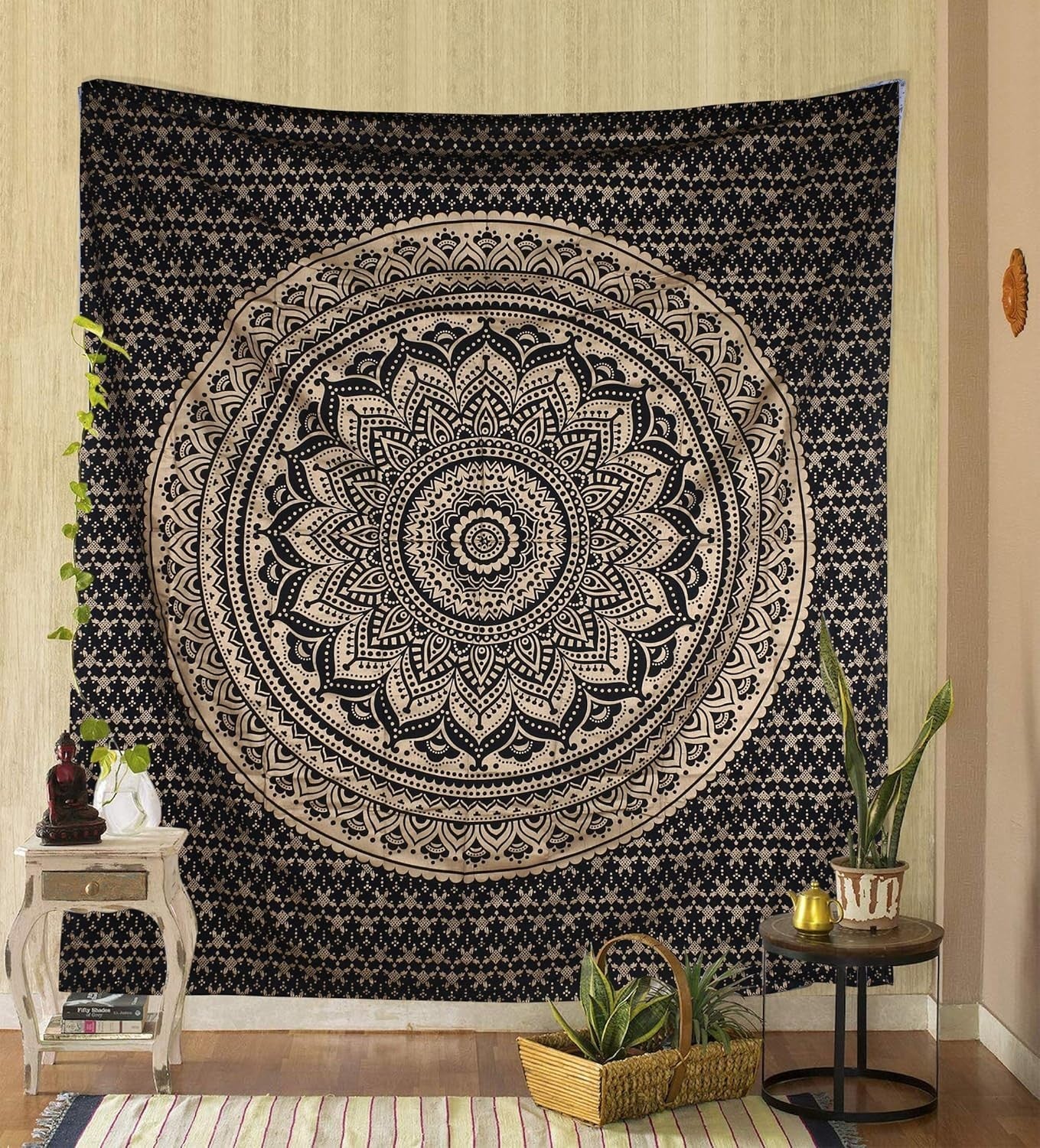 Black Gold Mandala Tapestry Boho Wall Hanging Cotton 85x90in