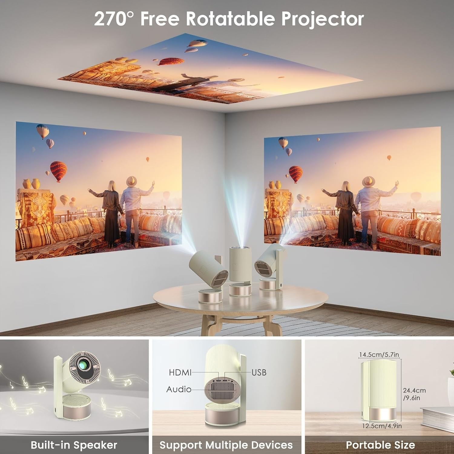 Mini Smart Projector 4K WiFi Bluetooth 270° Auto Focus 320 ANSI